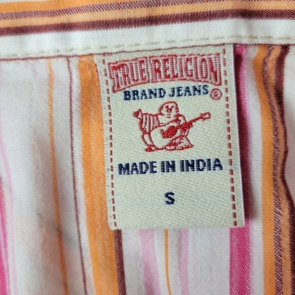 TRUE religion snap pearl button down shirt stripes pink orange western S - Picture 6 of 12